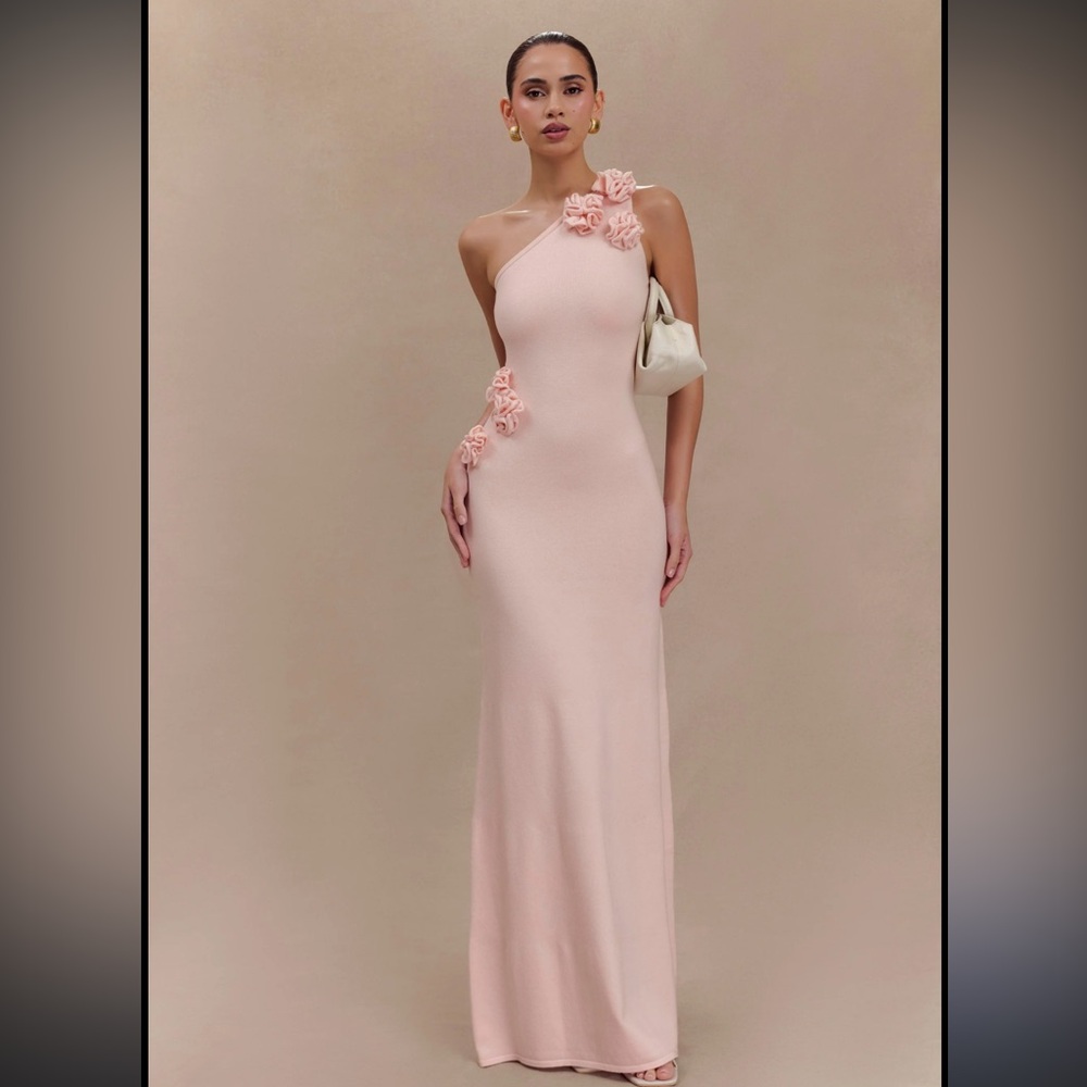 Meshki One-Shoulder Blush Pink Floral Appliqué Gown